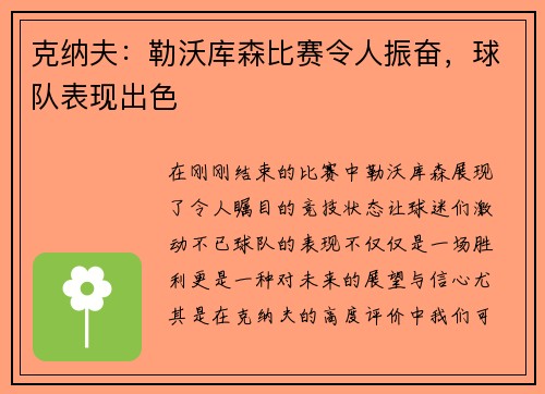 克纳夫：勒沃库森比赛令人振奋，球队表现出色
